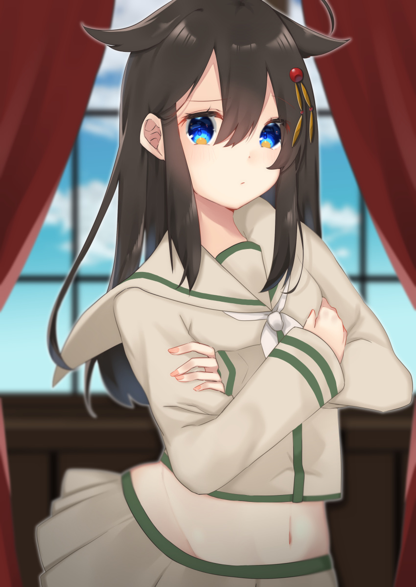 1girl, absurdres, ahoge, black_hair, blue_eyes, commentary, cosplay, hair_down