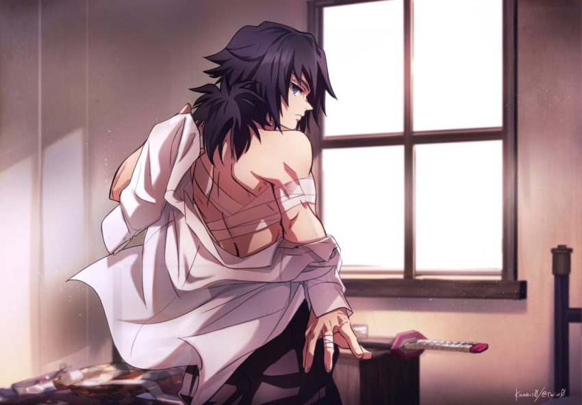 1boy, black_hair, blue_eyes, katana, kawauso, kimetsu_no_yaiba, long_hair, male_focus