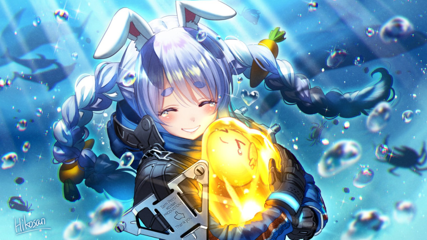 1girl, animal_ears, artist_name, blue_hair, braid, bunny_girl, carrot, closed_eyes