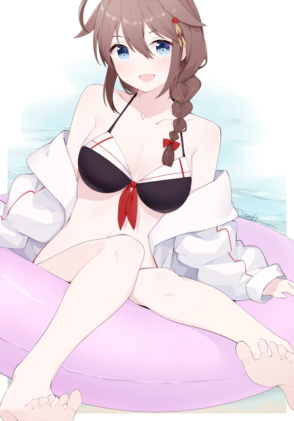 1girl, ahoge, bikini, blue_eyes, blush, braid, breasts, brown_hair