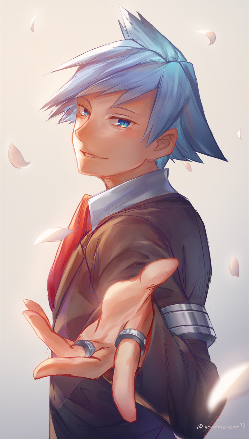 1boy, armlet, black_jacket, blue_eyes, blue_hair, collared_shirt, commentary_request, highres