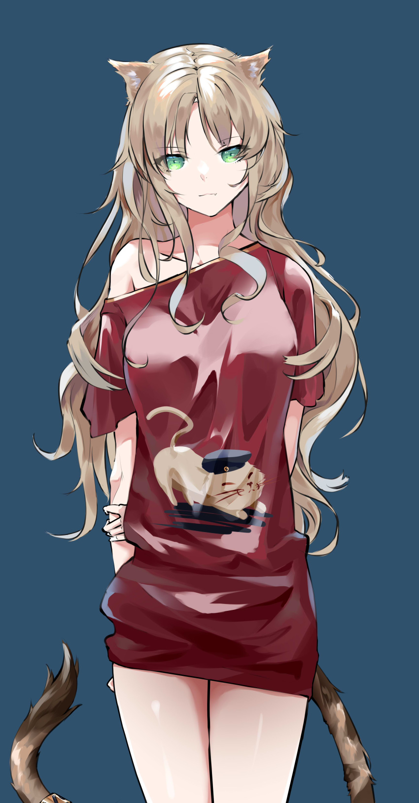 1girl, 9h, absurdres, animal_ears, arknights, arm_behind_back, bangs, blonde_hair, blue_background, bottomless, breasts, cowboy_shot, fang, green_eyes, highres, light_smile, long_hair, looking_at_viewer, medium_breasts, original, oversized_clothes, oversized_shirt, red_shirt, shirt, simple_background, solo, standing, swire_(arknights), tail, tiger_ears, tiger_girl, tiger_tail, wavy_hair