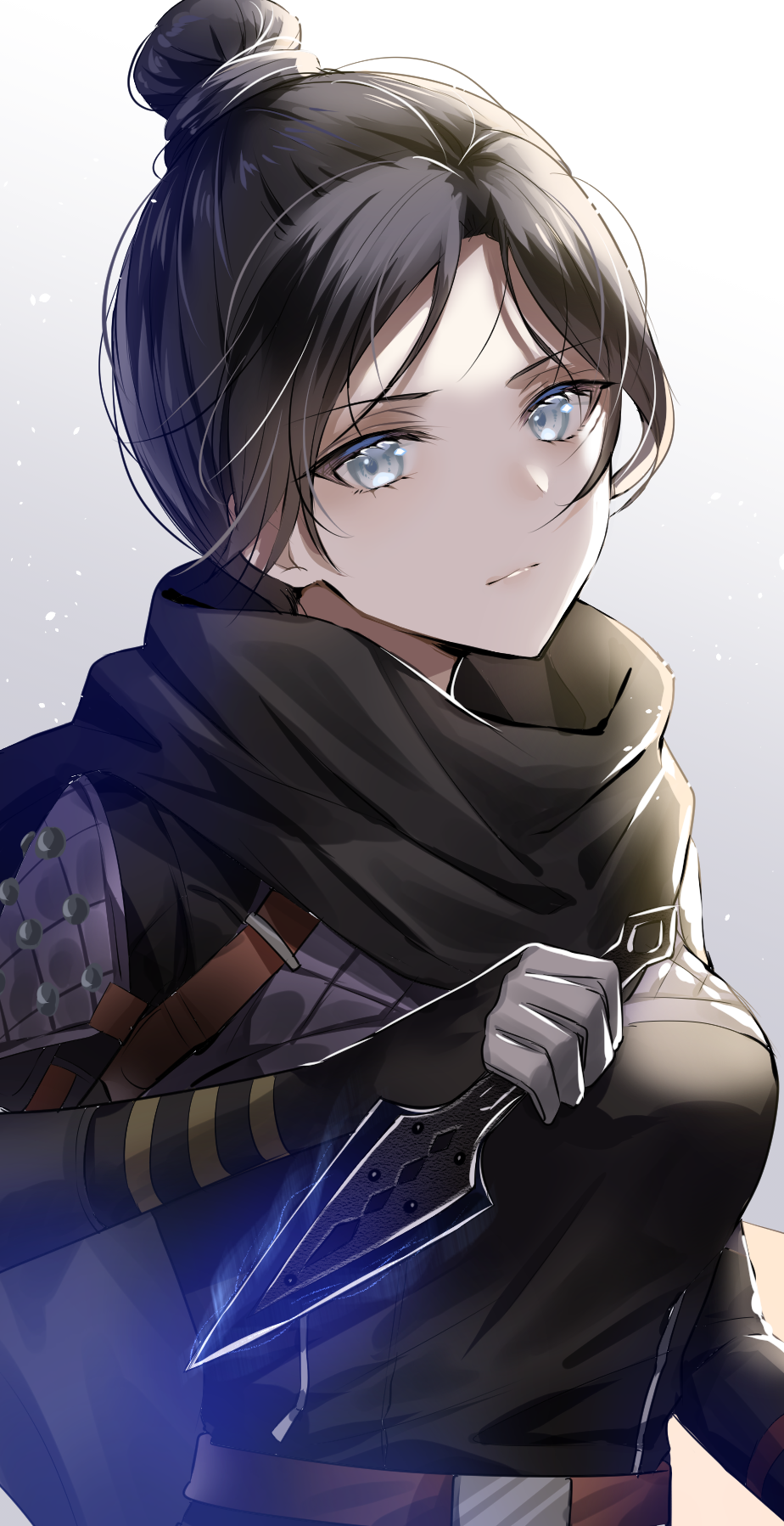 1girl, apex_legends, bangs, black_hair, black_scarf, blue_eyes, breasts, closed_mouth