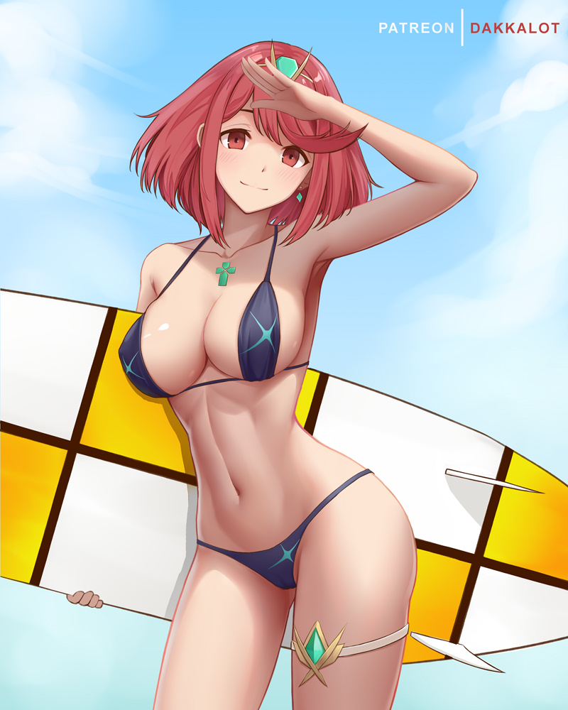 1girl, armpits, arms_up, artist_name, bangs, bare_arms, bare_shoulders, bikini, black_bikini, blue_sky, blush, breasts, closed_mouth, collarbone, contrapposto, cowboy_shot, dakkalot, day, earrings, gem, holding, pyra_(xenoblade), jewelry, large_breasts, looking_at_viewer, navel, outdoors, red_eyes, redhead, salute, short_hair, sky, smile, solo, stomach, surfboard, swept_bangs, swimsuit, thighs, tiara, xenoblade_(series), xenoblade_2