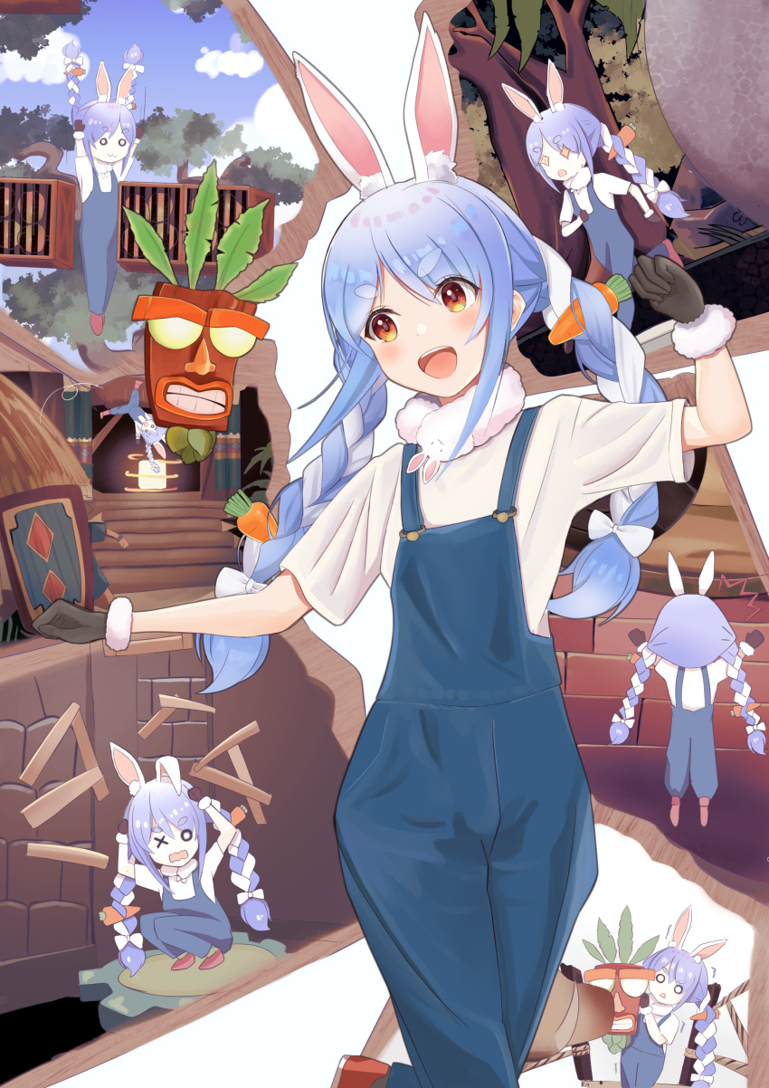 1girl, a_b2fei96038, absurdres, aku_aku, animal_ears, black_gloves, blue_hair, blue_overalls, braid, carrot, coco_bandicoot, coco_bandicoot_(cosplay), cosplay, crash_bandicoot, don-chan_(hololive), gloves, highres, hololive, multiple_views, rabbit_ears, scarf, shirt, t-shirt, twintails, usada_pekora, white_shirt
