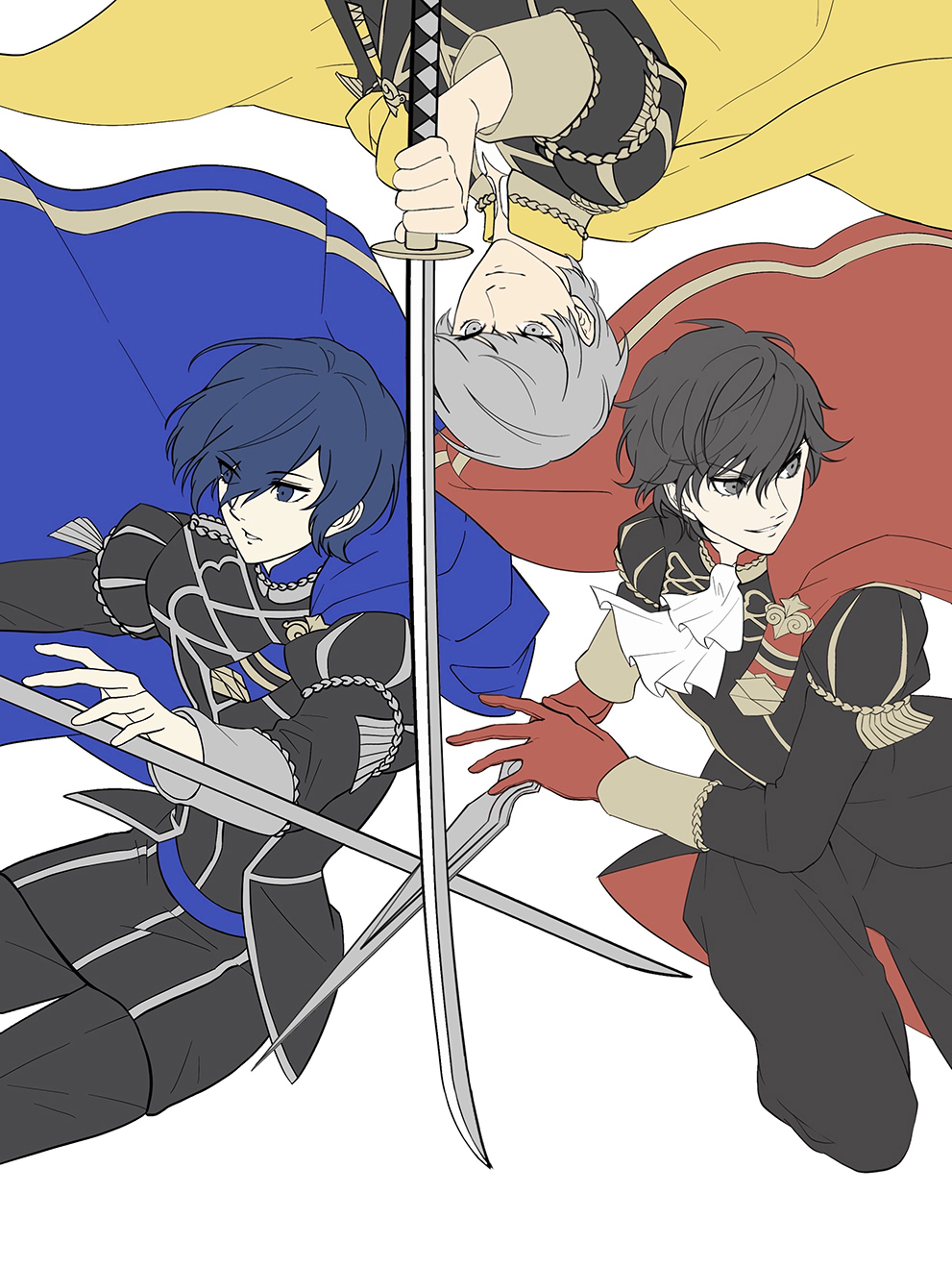 3boys, amamiya_ren, ascot, black_hair, blue_cape, blue_eyes, blue_hair, cape