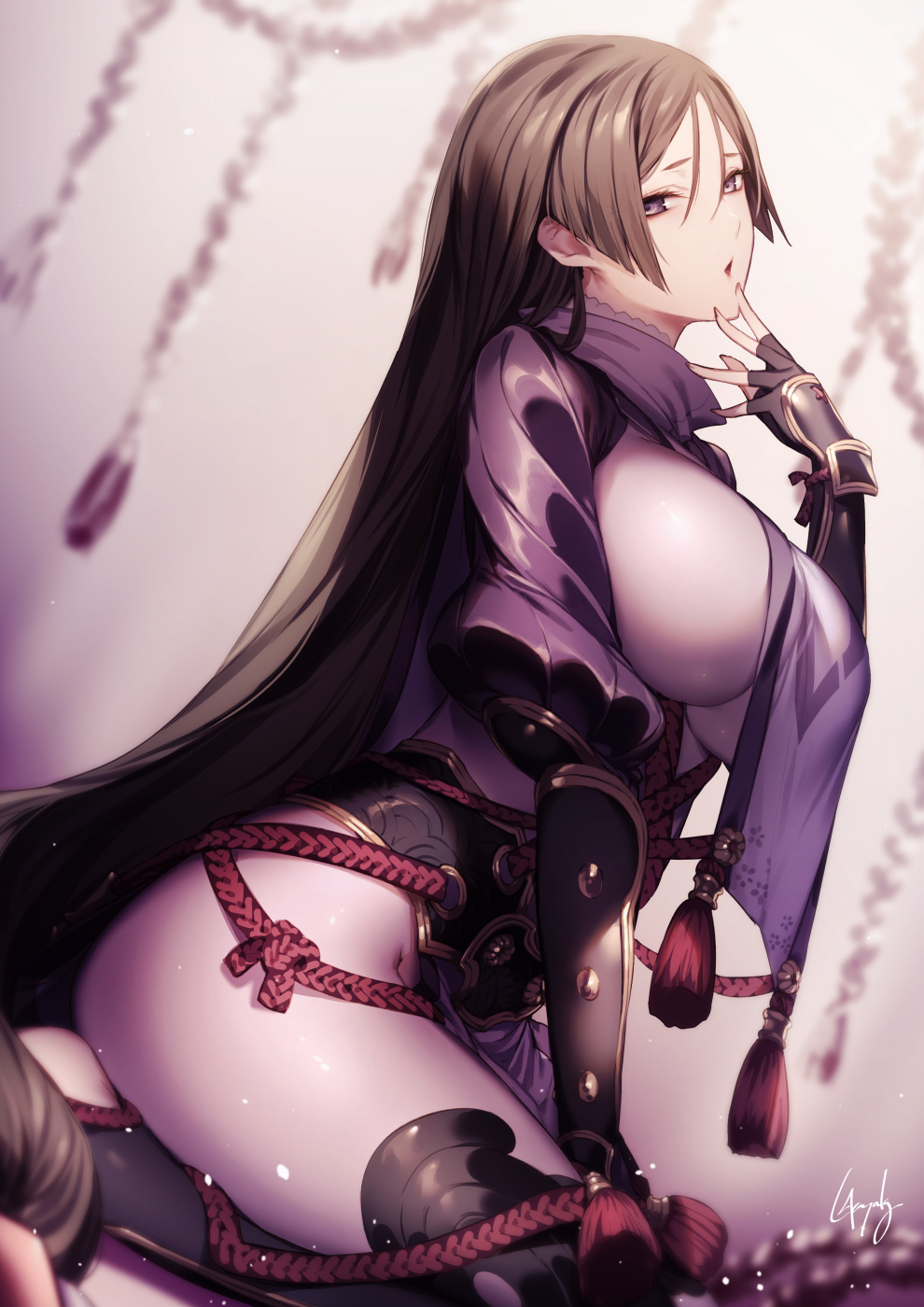 1girl, arm_guards, armor, bangs, black_gloves, bodysuit, breasts, elbow_gloves