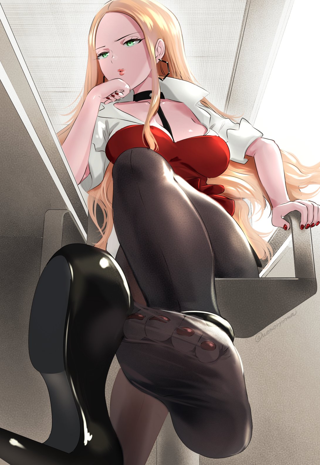 1girl, bangs, black_legwear, blonde_hair, breasts, choker, coat, earrings