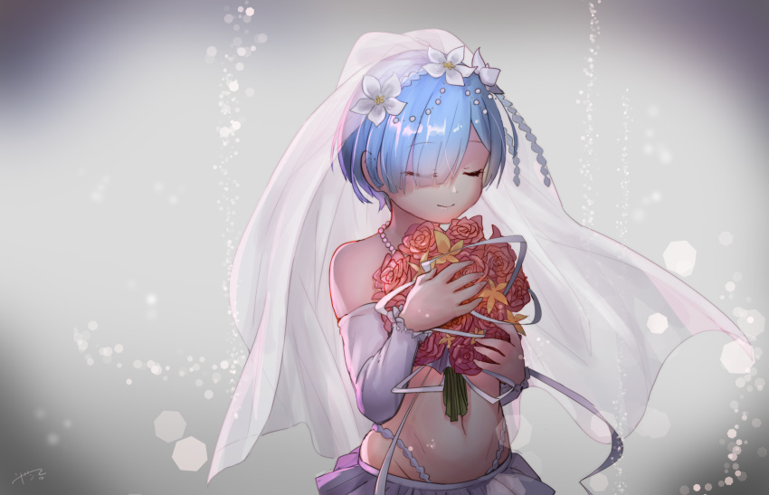 1girl, bangs, bare_shoulders, blue_hair, closed_eyes, closed_mouth, commentary_request, detached_sleeves