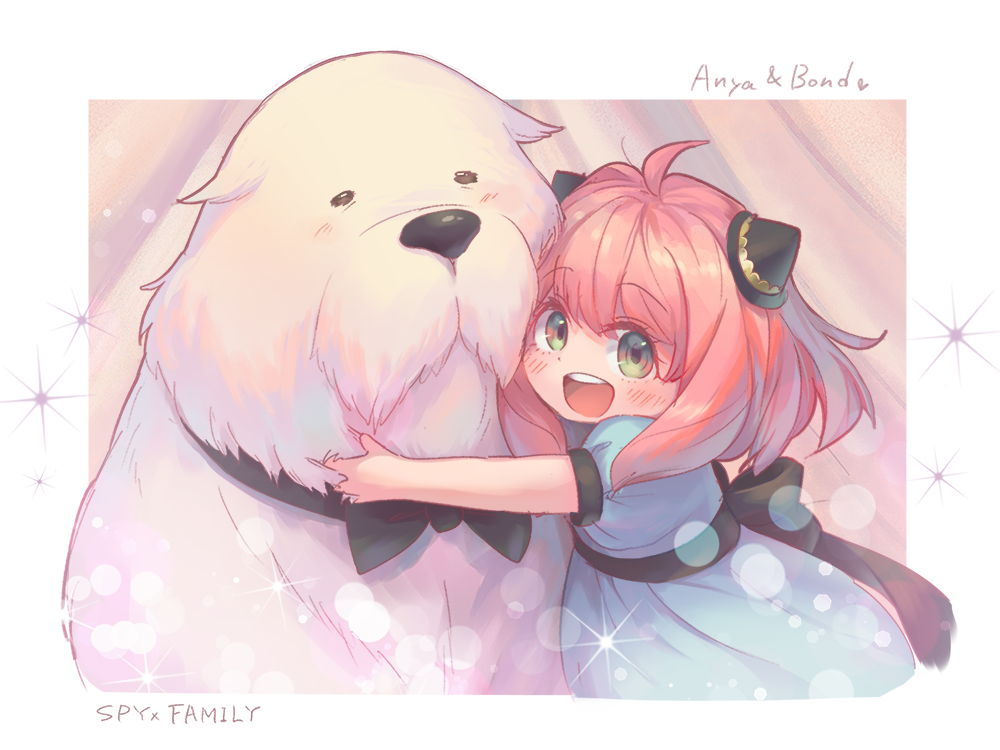 1girl, :d, ania_(spy_x_family), bangs, blush, bond_(spy_x_family), character_name, commentary_request