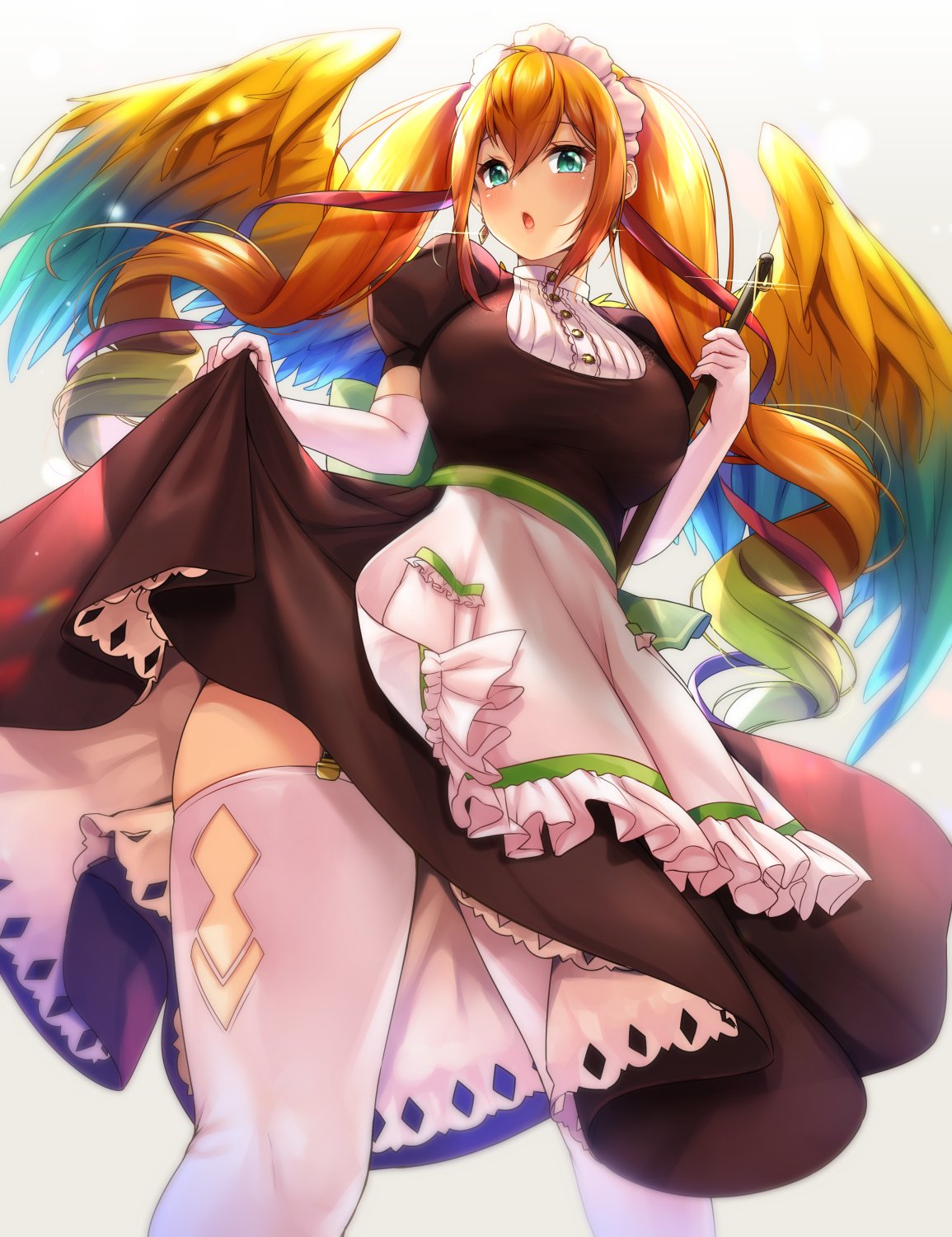 1girl, :o, apron, bangs, blush, breasts, broom, dress