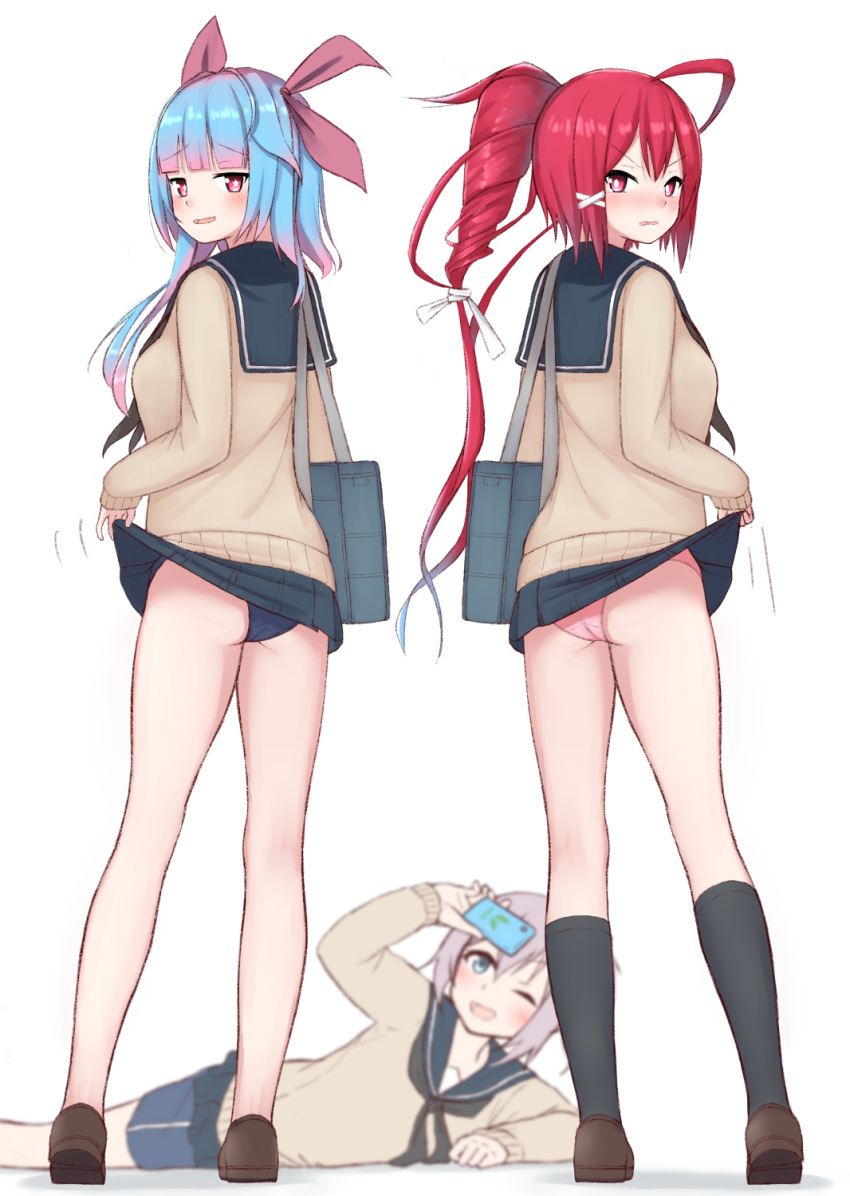 3girls, alternate_costume, aoba_(kantai_collection), ass, bag, bangs, bare_legs, black_legwear