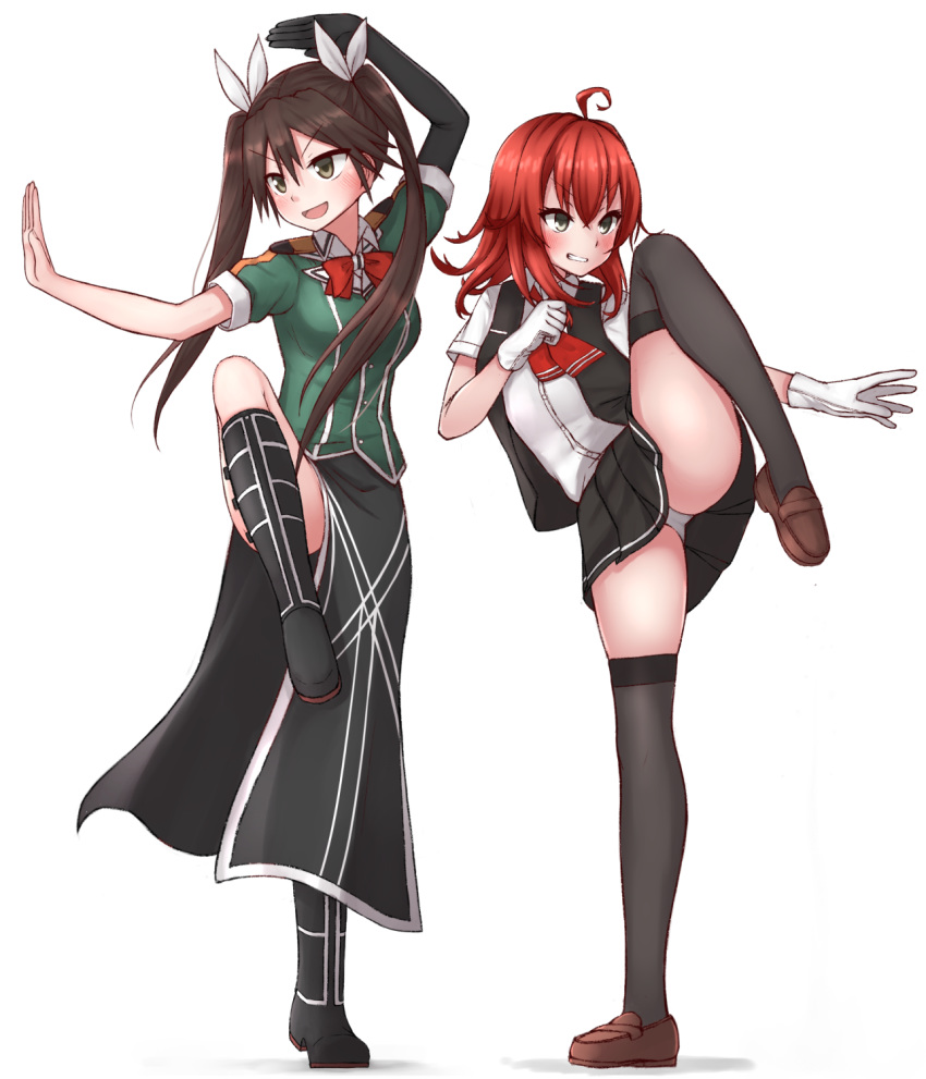 2girls, ahoge, arashi_(kantai_collection), asymmetrical_legwear, black_legwear, black_skirt, black_vest, brown_footwear