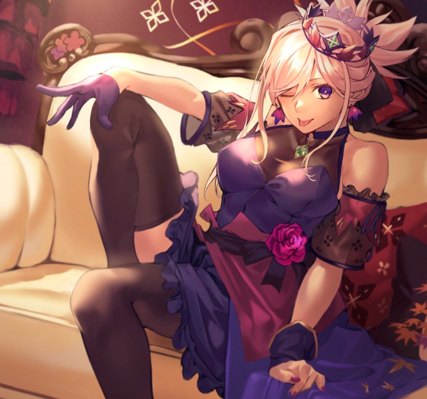 1girl, bare_shoulders, breasts, commentary_request, couch, crown, dress, earrings