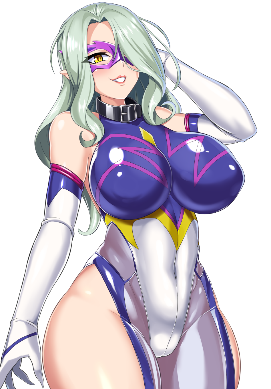 1girl, breasts, cowboy_shot, elbow_gloves, gloves, green_hair, hair_over_one_eye, highres, ikameshi_(nega96396), large_breasts, leotard, lilith-soft, lipstick, looking_at_viewer, makeup, mask, naughty_face, pointy_ears, red_lipstick, slit_pupils, smile, snake_lady, solo, taimanin_(series), taimanin_asagi, taimanin_asagi_gaiden, taimanin_rpgx, thong_leotard, yellow_eyes