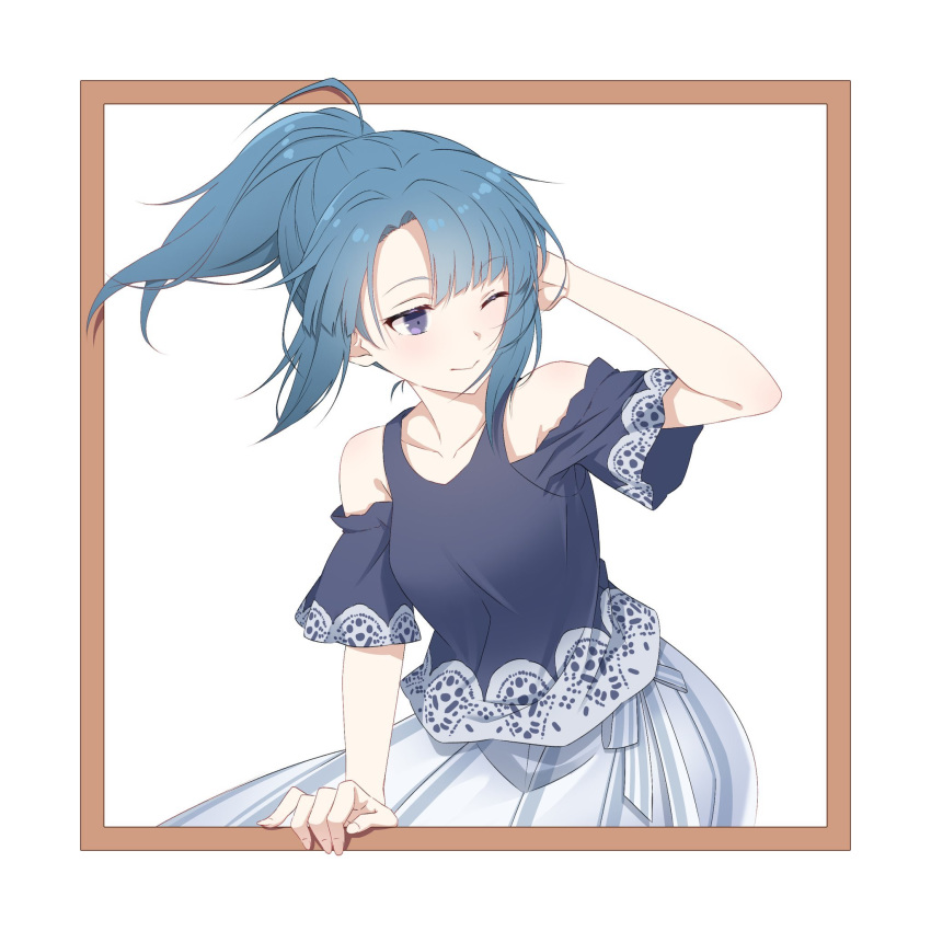1girl, alice_gear_aegis, bangs, blue_eyes, blue_hair, character_request, grey_skirt, hand_behind_head