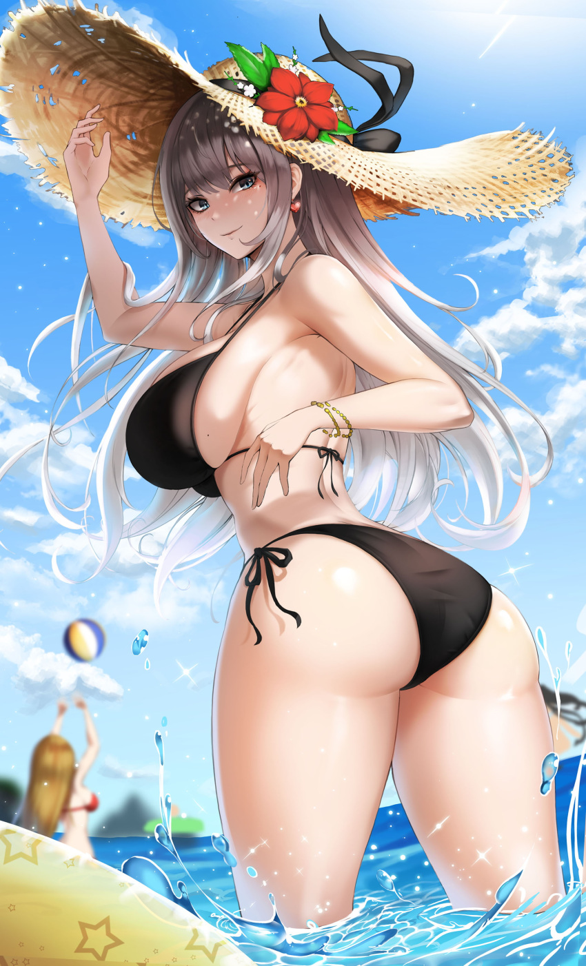 3girls, absurdres, ass, ball, bangs, bare_shoulders, beachball, bikini