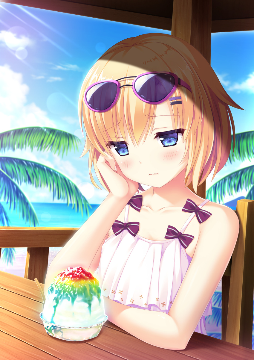 1girl, :|, absurdres, beach, blonde_hair, blue_eyes, blush, bow, closed_mouth, coconut_tree, eyewear_on_head, hair_ornament, hand_on_own_face, highres, maijin_(ayisaka), ocean, original, palm_tree, shaved_ice, short_hair, sitting, solo, swimsuit, tree