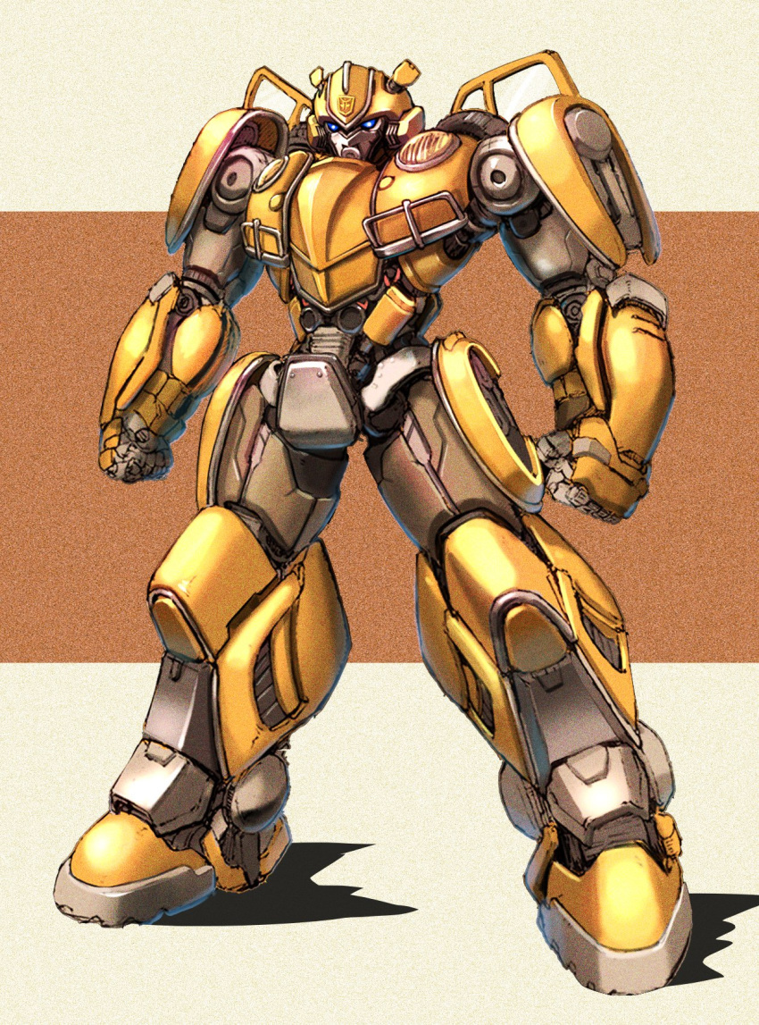 1boy, autobot, blue_eyes, bumblebee, bumblebee_(film), clenched_hands, highres, insignia