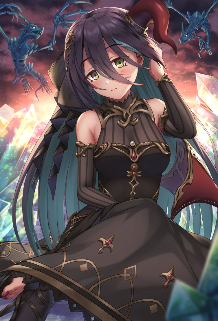 1girl, bangs, bare_shoulders, black_dress, black_hair, black_sleeves, blue_hair, blush