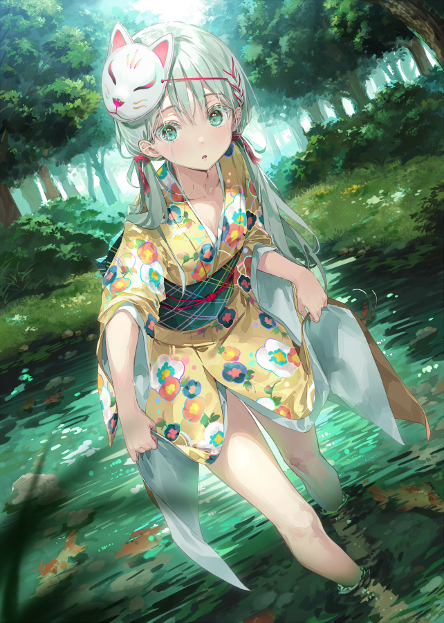 1girl, :o, aqua_eyes, aqua_hair, backlighting, bare_legs, blush, collarbone, day, dsmile, dutch_angle, fish, floral_print, forest, hair_ribbon, japanese_clothes, kimono, kimono_hold, leaning_forward, long_hair, long_sleeves, looking_at_viewer, low_twintails, mask, mask_on_head, nature, original, outdoors, parted_lips, pond, print_kimono, red_ribbon, ribbon, solo, tree, twintails, wading, wide_sleeves, yellow_kimono, yukata