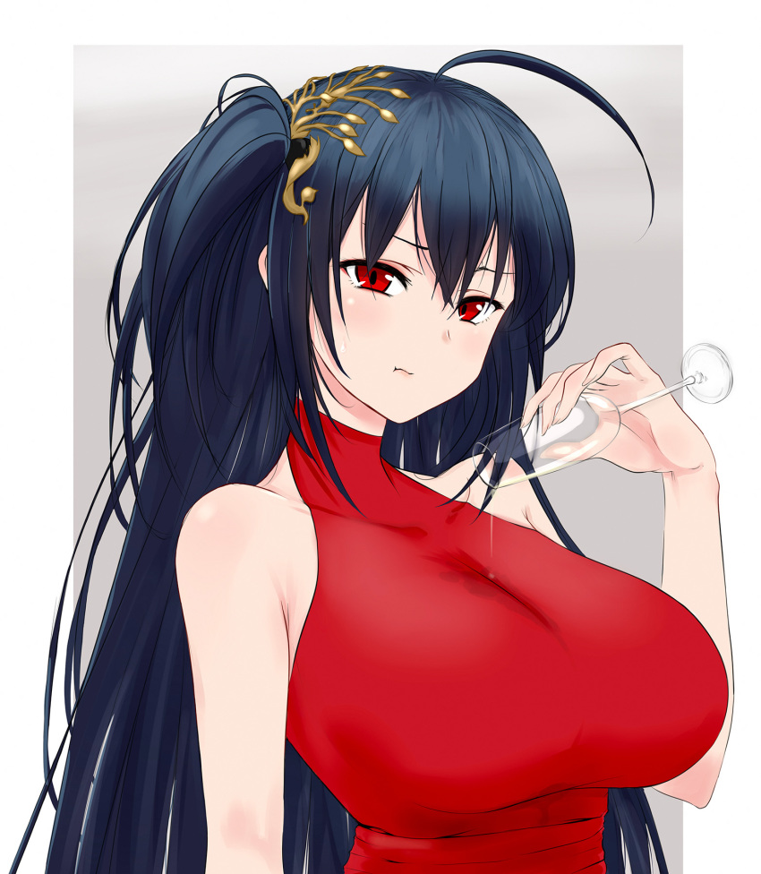 1girl, ahoge, azur_lane, bare_shoulders, black_hair, breasts, covered_collarbone, cup