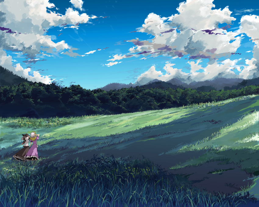 clouds, dress, forest, hand_on_hat, hat, maribel_han, maribel_hearn, meadow