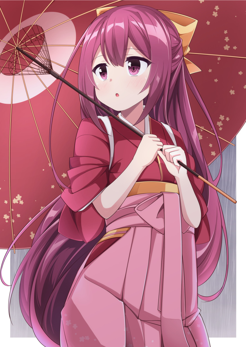 1girl, acchii_(akina), bow, hair_bow, hakama, highres, holding, holding_umbrella