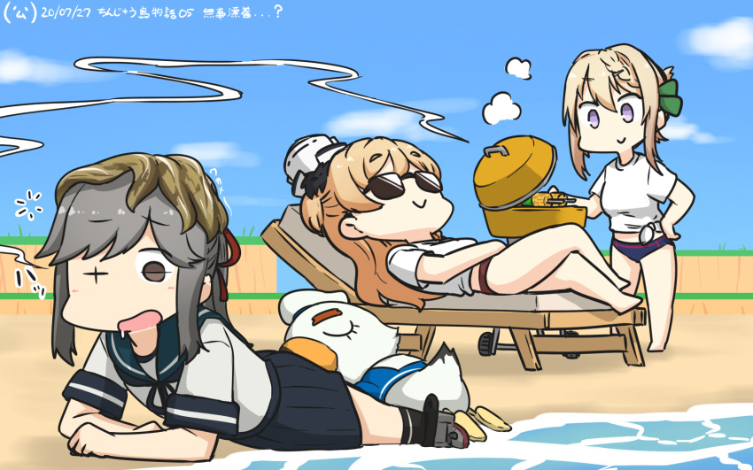 3girls, beach, bikini, bikini_bottom, bikini_under_clothes, bird, black_skirt, blonde_hair, blue_sailor_collar, blue_sky, braid, braided_bun, chair, character_name, clouds, commentary_request, dated, day, doubutsu_no_mori, food, french_braid, grill, hamu_koutarou, highres, johnny_(doubutsu_no_mori), kantai_collection, kebab, long_hair, lounge_chair, lying, multiple_girls, on_stomach, outdoors, perth_(kantai_collection), pleated_skirt, sailor_collar, school_uniform, seagull, seaweed, serafuku, shirt, short_hair, skirt, sky, sunglasses, swimsuit, swimsuit_under_clothes, tied_shirt, usugumo_(kantai_collection), violet_eyes, wavy_hair, white_shirt, zara_(kantai_collection)