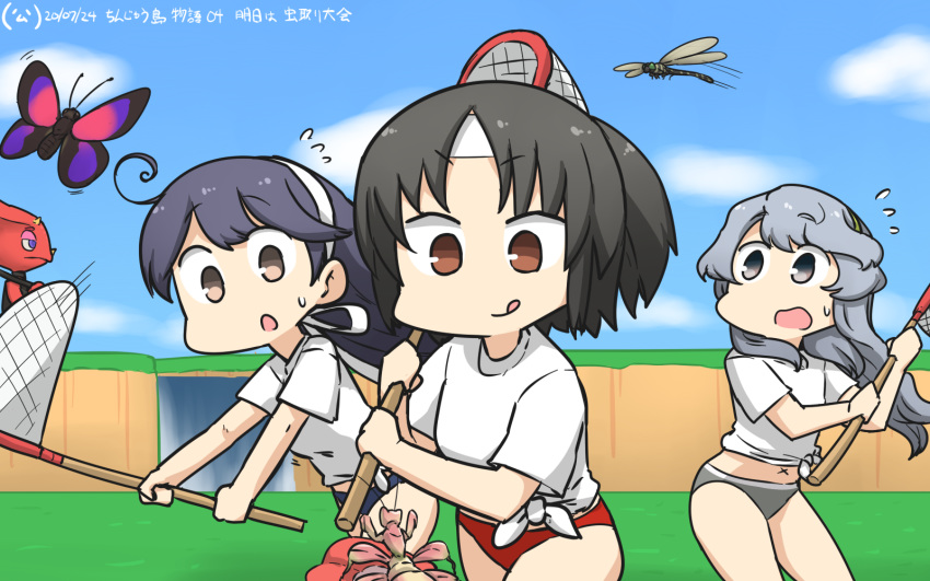 3girls, ahoge, bikini, bikini_bottom, black_hair, blue_sky, brown_eyes, bug