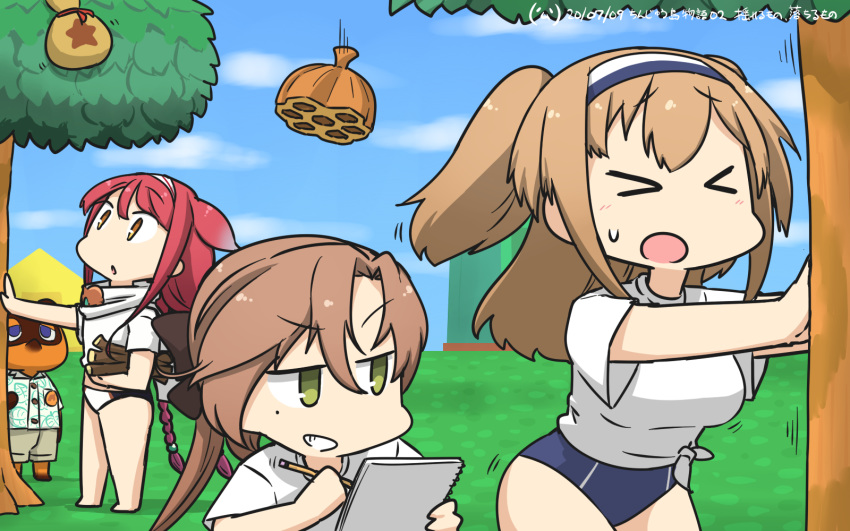 1other, 3girls, adapted_costume, ahoge, akigumo_(kantai_collection), asymmetrical_bangs, bangs, blue_sky