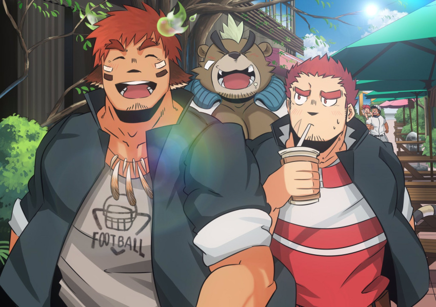 3boys, animal_ears, ashigara_(tokyo_houkago_summoners), blush, brown_hair, chest, closed_eyes, facial_hair