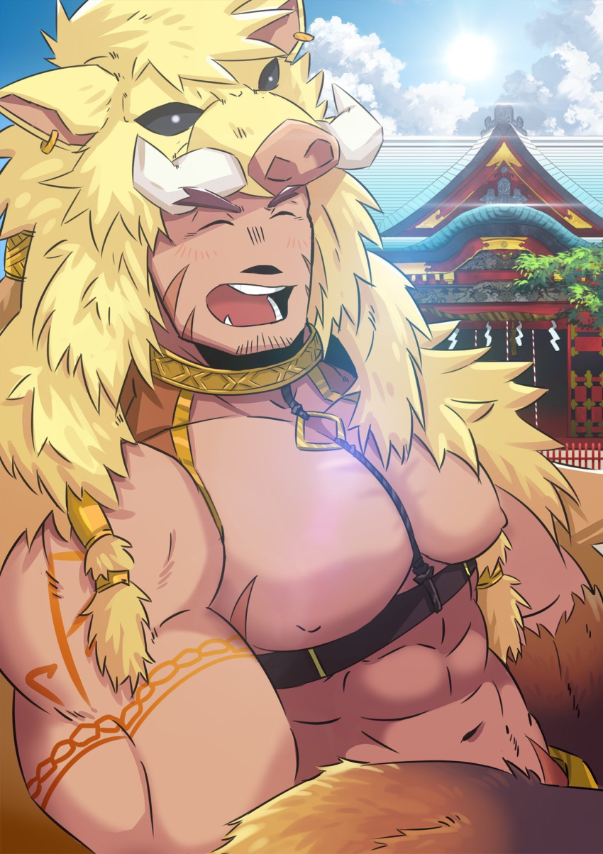 1boy, abs, animal_hood, bara, beard, blush, chest, collar