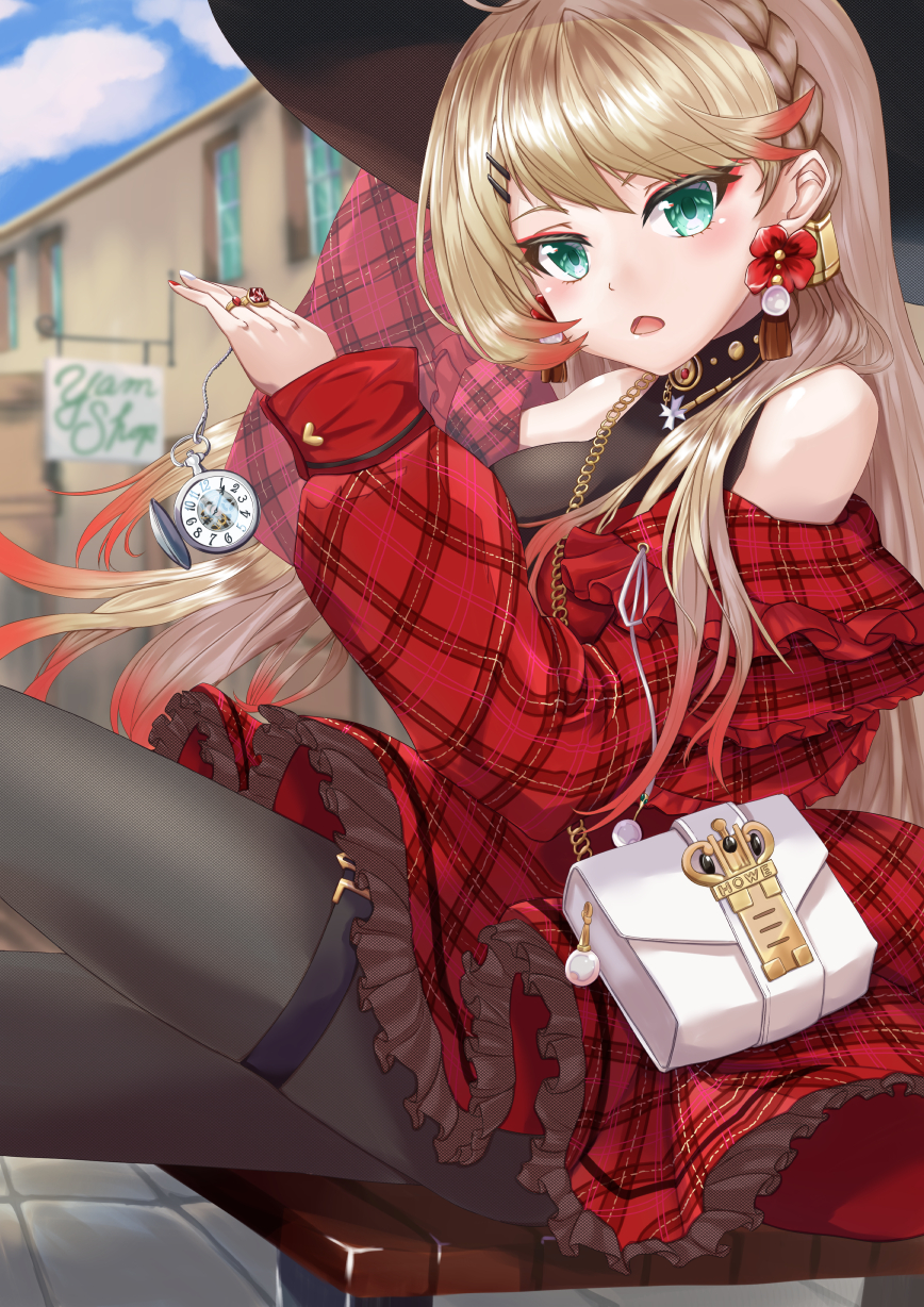 1girl, :o, arm_up, azur_lane, bag, bangs, bare_shoulders, bench