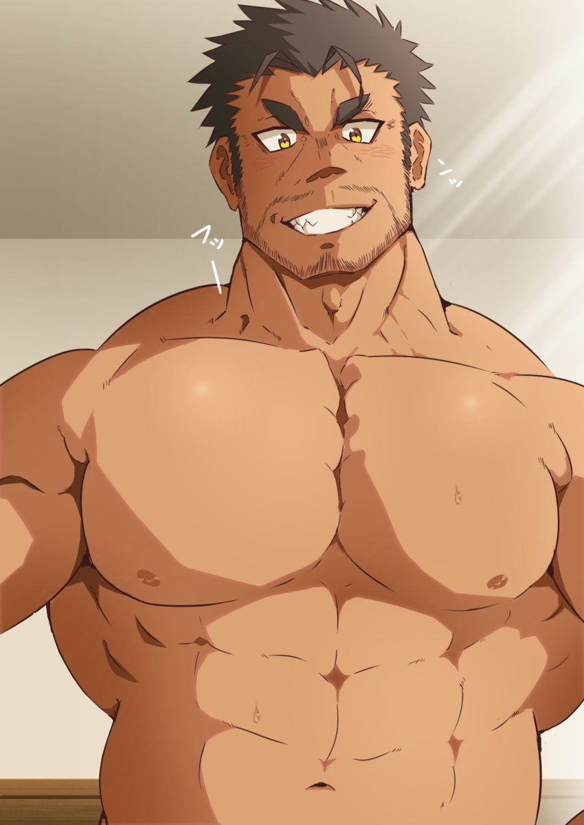 1boy, abs, bara, beard, black_hair, chest, dagon_(tokyo_houkago_summoners), facial_hair