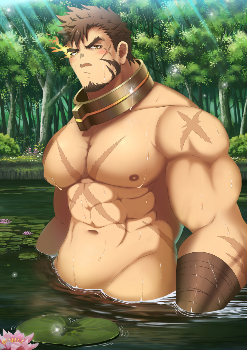1boy, abs, bangs, bara, beard, blush, brown_hair, chest