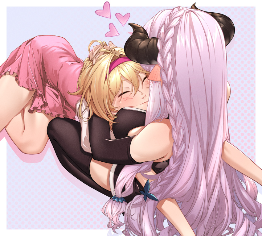 2girls, bare_shoulders, black_gloves, blonde_hair, blush, braid, breast_smother, breasts