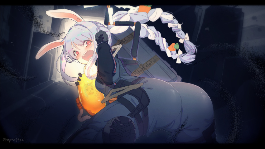 1girl, absurdres, animal_ears, ass, at2., bb-28, blue_hair, blush