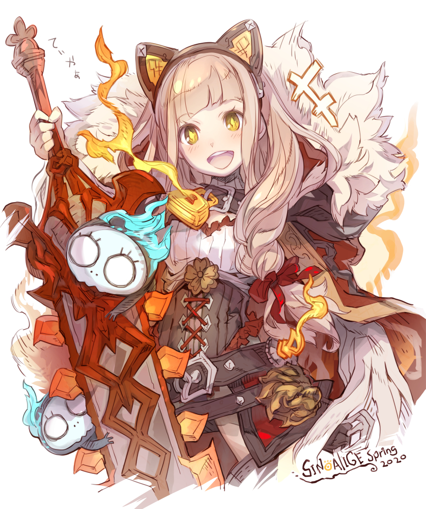 +++, 1girl, :d, belt, blonde_hair, breasts, cloak, commentary_request, corset, dated, eyebrows_visible_through_hair, fur_trim, haku_(sabosoda), holding, holding_sword, holding_weapon, hood, hood_down, hooded_cloak, huge_weapon, little_red_riding_hood_(sinoalice), lock, long_hair, looking_at_viewer, nightmare_(sinoalice), open_mouth, orange_eyes, padlock, sinoalice, small_breasts, smile, solo, sword, upper_teeth, weapon, white_background