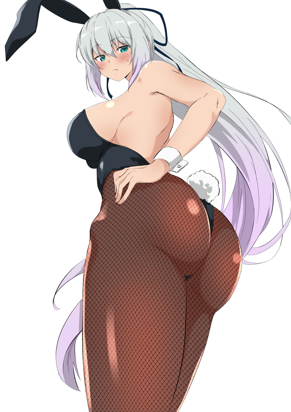 1girl, :i, animal_ears, ass, black_leotard, blush, breasts, bunny_day