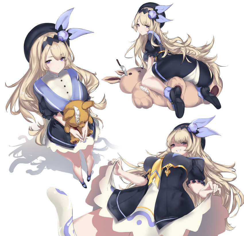 1girl, absurdres, ass, between_breasts, black_headwear, blonde_hair, blush, breasts