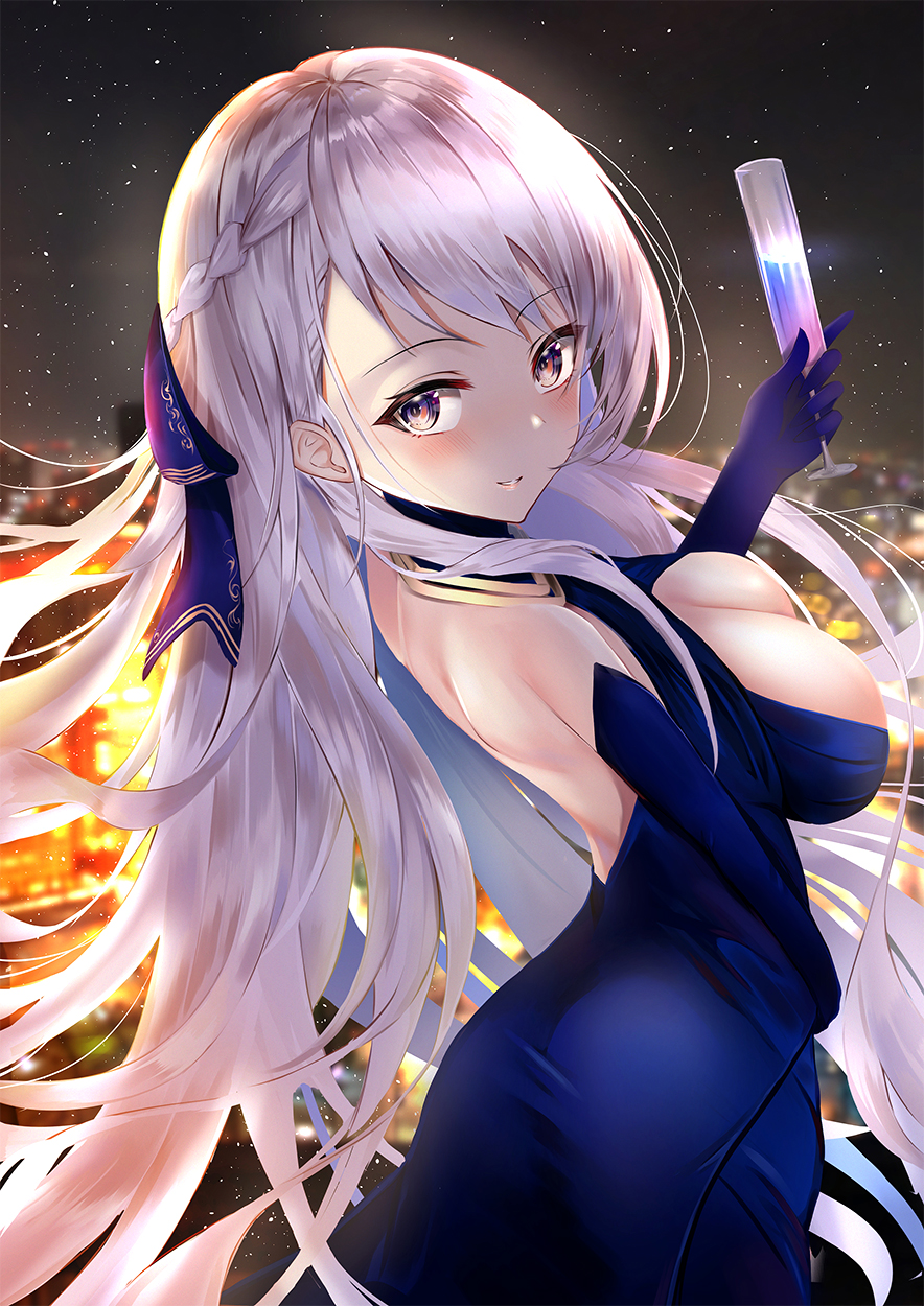 1girl, ass, azur_lane, belfast_(azur_lane), belfast_(the_noble_attendant)_(azur_lane), blue_dress, blue_eyes, blush
