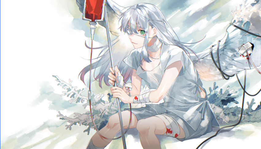1boy, angel, angel_wings, bandaged_arm, bandaged_hand, bandaged_leg, bandaged_neck, bandages, blood, blood_bag, blood_donation, closed_mouth, collarbone, coral, eyebrows_visible_through_hair, eyepatch, eyes_visible_through_hair, fingernails, green_eyes, hair_between_eyes, holding, intravenous_drip, kyouichi, long_hair, male_focus, original, silver_hair, sitting, smile, solo, white_eyepatch, wings