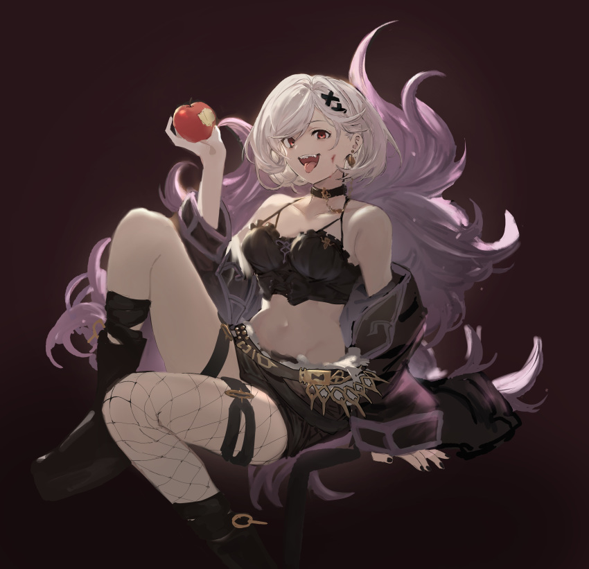 1girl, absurdres, alter_ego_malevolent_(granblue_fantasy), apple, bare_shoulders, black_jacket, black_nails, black_shorts