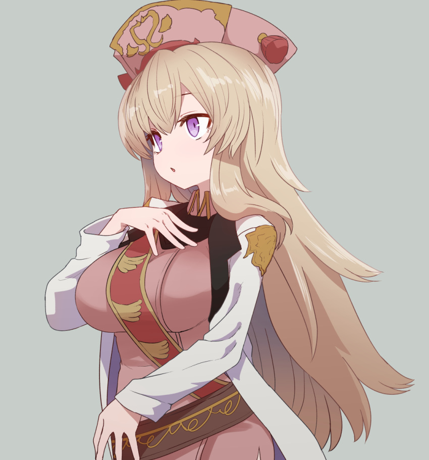 1girl, blonde_hair, breasts, dress, hand_on_own_chest, hat, highres, jacket, large_breasts, long_hair, long_sleeves, megido72, pink_dress, sash, solo, sumiyao_(amam), uphir_(megido72), upper_body, violet_eyes, white_jacket