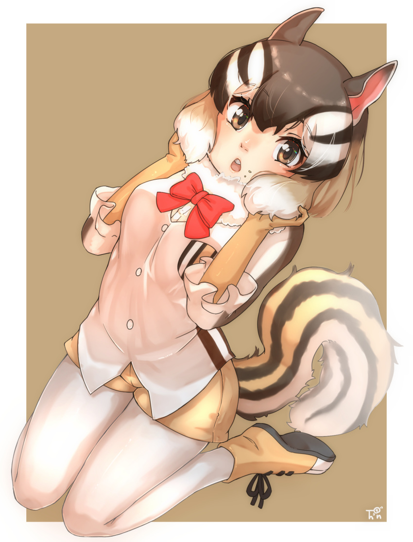 1girl, :o, bangs, boots, bow, bowtie, brown_background, brown_eyes