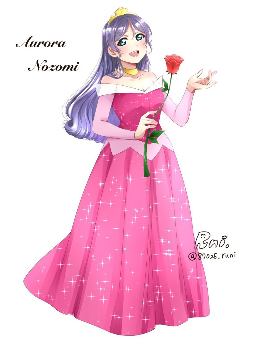 1girl, :d, alternate_hairstyle, aurora_(disney), aurora_(disney)_(cosplay), character_name, cosplay, crown