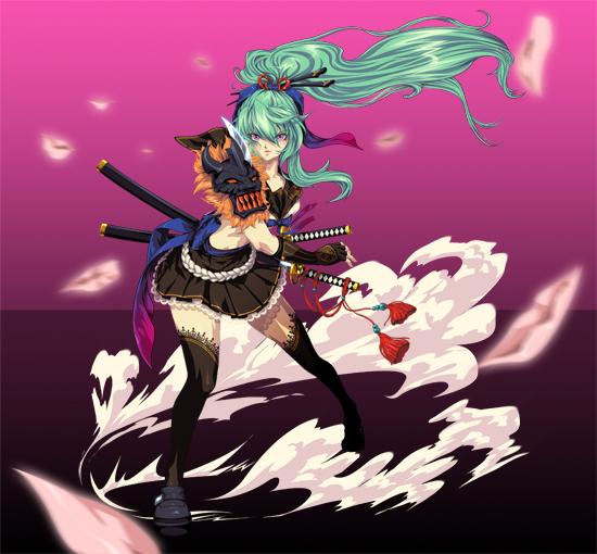 1girl, black_thighhighs, cherry_blossoms, cowboy_shot, dual_wielding, fighting_stance, green_hair, hikaru_(mini_fighter), katana, long_hair, looking_at_viewer, midriff, mini_fighter, official_art, pauldron, ponytail, ribbon, samurai, seifuku, serious, solo, violet_eyes