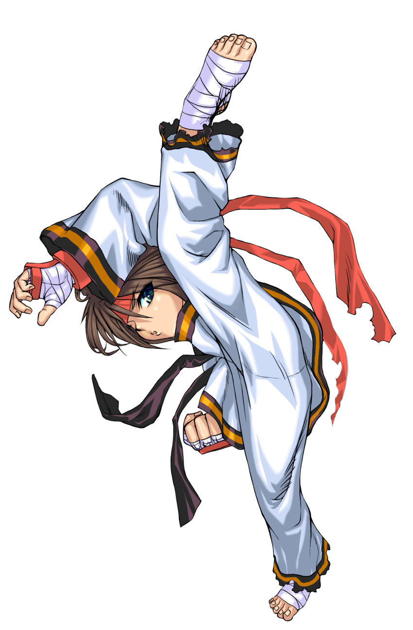 1boy, bandaged_feet, bandaged_hands, brown_hair, cowboy_shot, green_eyes, kang_hyuk, kicking, looking_at_viewer, mini_fighter, official_art, red_gloves, red_headband, serious, white_outfit