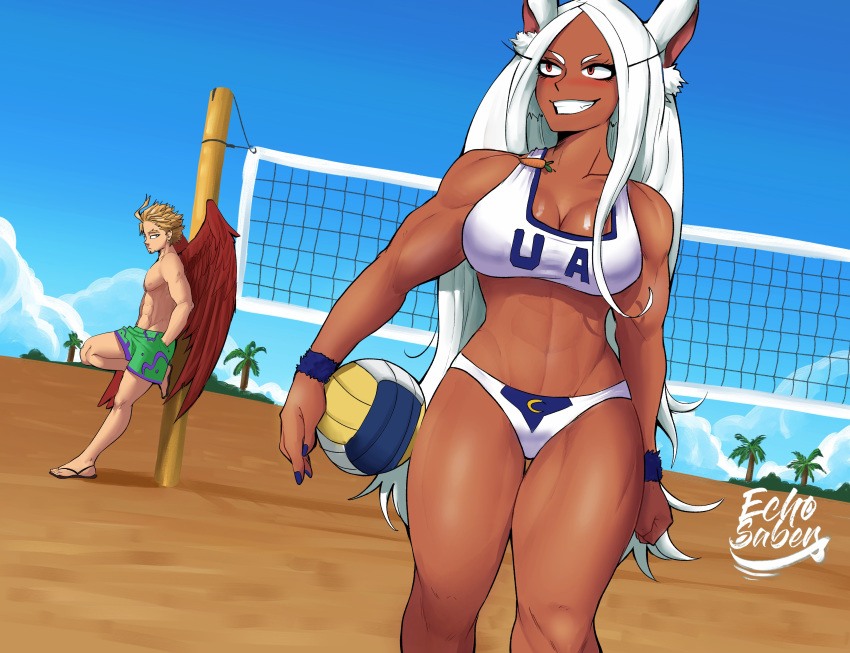 1boy, 1girl, absurdres, ahoge, animal_ear_fluff, animal_ears, beach, blonde_hair